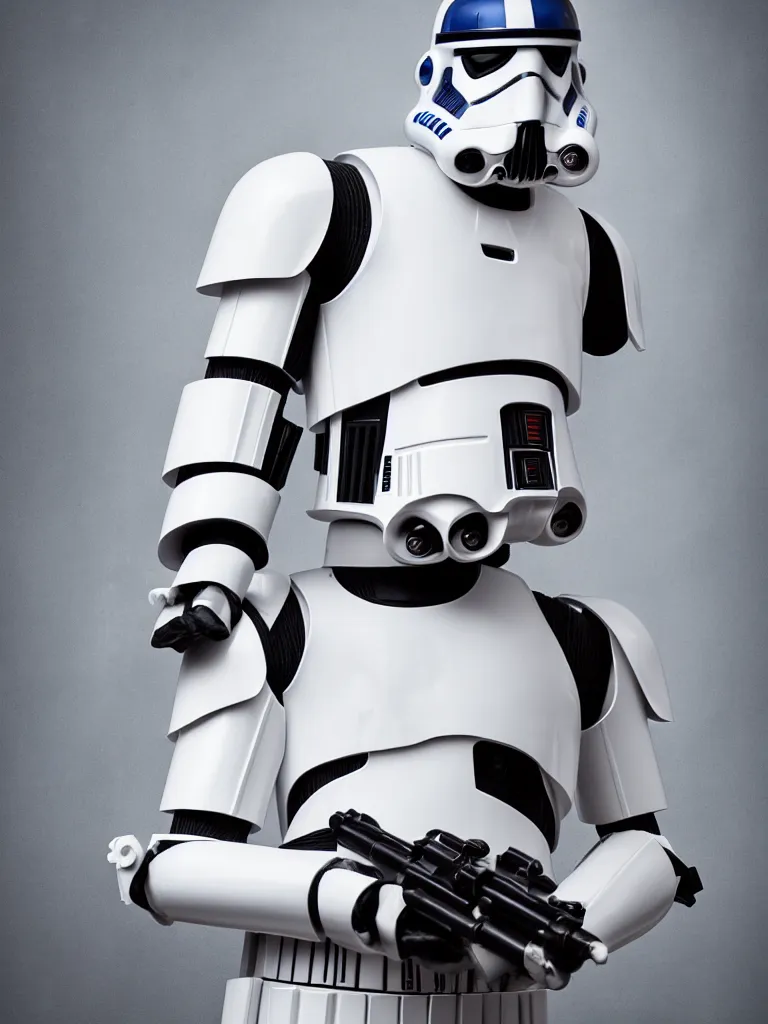 Image similar to “studio portrait photographer of a stormtrooper mixed with R2-D2, studio lighting, high quality, Star Wars, action pose”