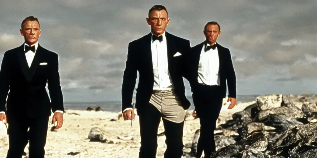 Prompt: Still of a James Bond movie with Daniel Craig as James Bond and Sean Connery as the father of James Bond. Sean Connery wears a fisherman hat and looks disapprovingly at Daniel Craig