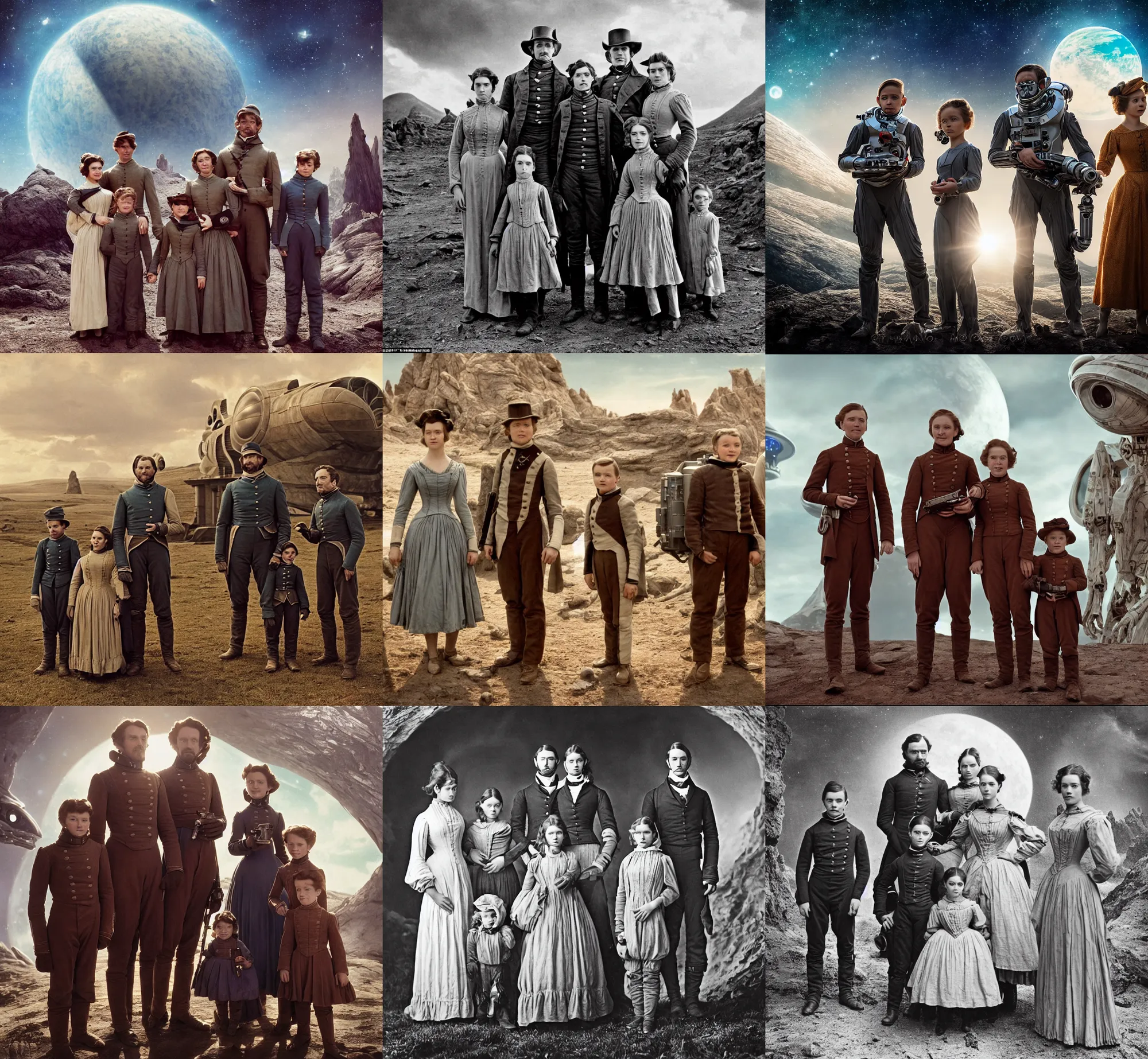 Prompt: sharp, highly detailed, film from a blockbuster sci fi 4 k color movie, set in 1 8 6 0, family standing in front of a spaceship, on a alien planet, looking happy, wearing 1 8 5 0 s era clothes, atmospheric lighting, in focus, reflective eyes, 3 5 mm macro lens, live action, nice composition, good photography, real faces