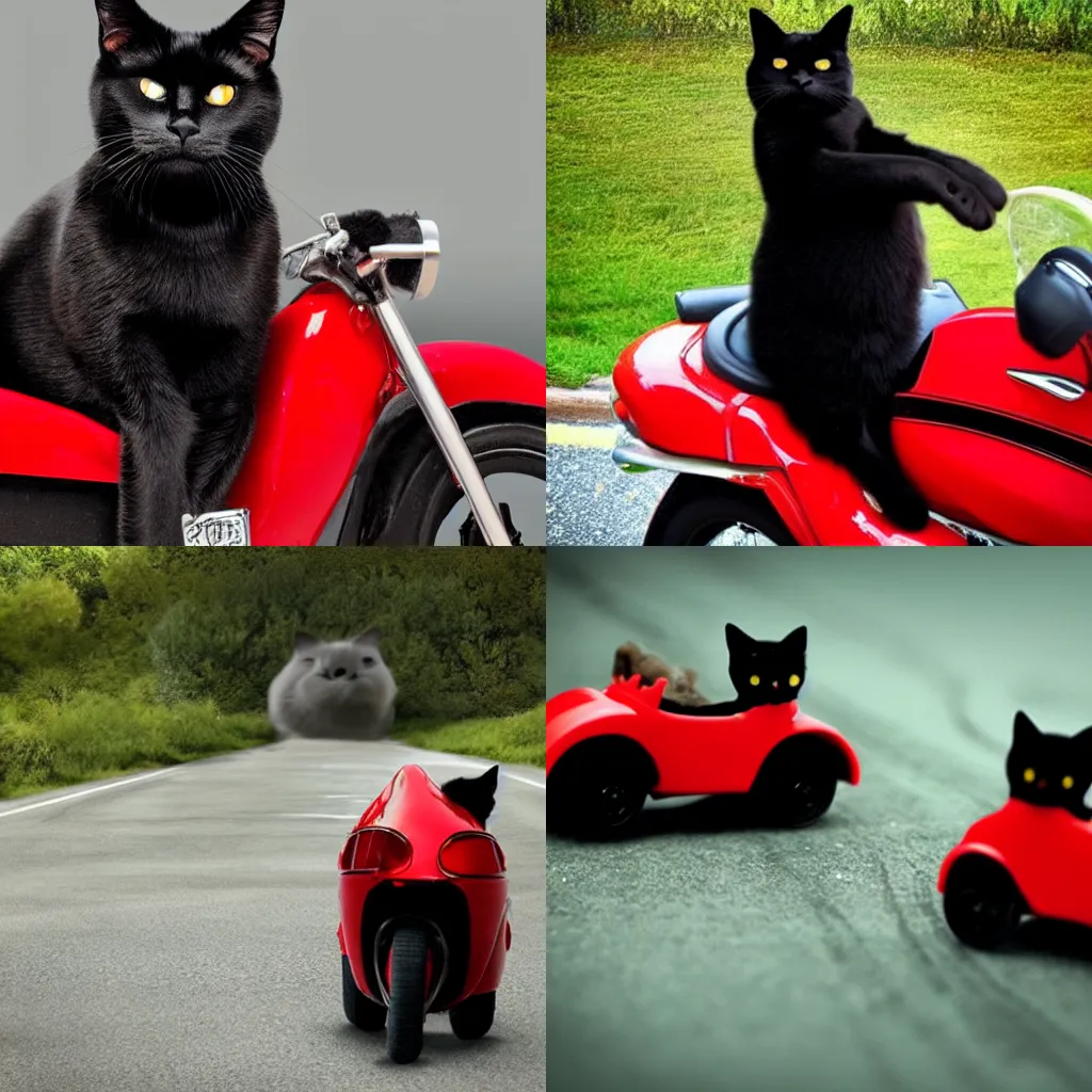 Prompt: Realistic photo of a black cat driving a red motorcycle.