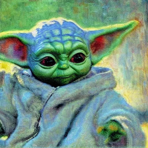 Prompt: baby yoda dancing with the Mandalorian, by claude monet, ultra detail