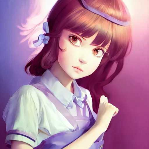 Image similar to portrait of brunette little girl wearing maid uniform by ilya kuvshinov and anna dittmann and studio ghibli and wlop and rossdraws, digital art, trending on artstation, anime arts, featured on pixiv, purple lighting, hd, 8 k, highly detailed, good lighting, beautiful, epic, masterpiece, nazi chiq