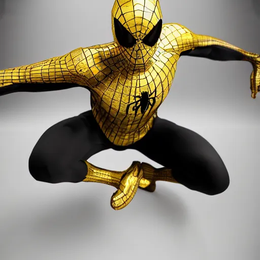 Image similar to gold spider - man suit with black web lining, cinematic, volumetric lighting, realistic, hyperdetailed, photorealistic, photograph