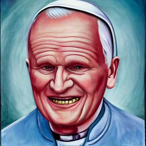 Prompt: happy smiling john paul ii karol wojtyła in pink mask ice cream jester blue cone, intricate, high definition, beautiful mystical classic inspired painting