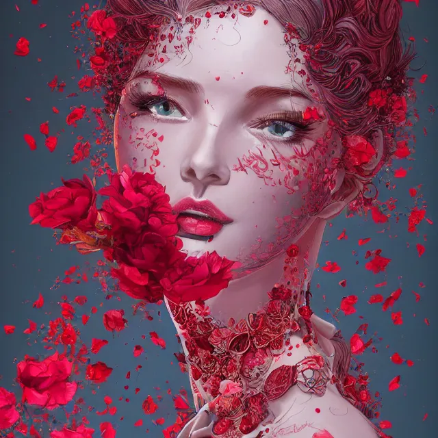 Image similar to studio portrait absurdly beautiful, elegant, graceful, young hypercolorful sensual gravure idol rubies and red petals, ultrafine hyperrealistic detailed face illustration by kim jung gi, irakli nadar, intricate linework, sharp focus, bright colors, matte, octopath traveler, final fantasy, unreal engine highly rendered, global illumination, radiant light, intricate environment