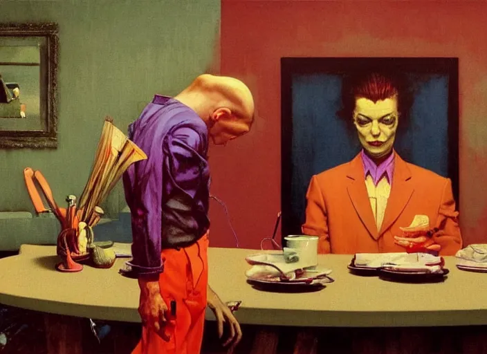 Prompt: a still from the tv series twin peaks by francis bacon, surreal, norman rockwell and james jean, greg hildebrandt, and mark brooks, triadic color scheme, by greg rutkowski, syd mead and edward hopper and norman rockwell and beksinski, dark surrealism, orange and turquoise and purple and pink