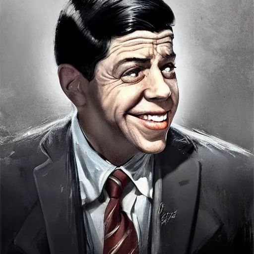 Prompt: portrait of young jerry lewis, the kid, colourised, face portrait, epic, comedic, slapstick comedy, fantasy, dieselpunk, hd shot, digital portrait, beautiful, artstation, comic style, by artgerm, guy denning, jakub rozalski, magali villeneuve and charlie bowater