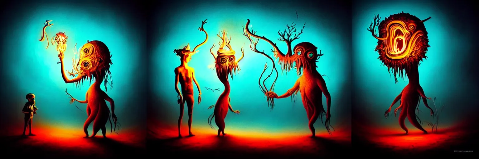 Image similar to whimsical creature freaks from the depths of the imagination, dramatic lighting from fire glow, surreal dark uncanny painting by ronny khalil