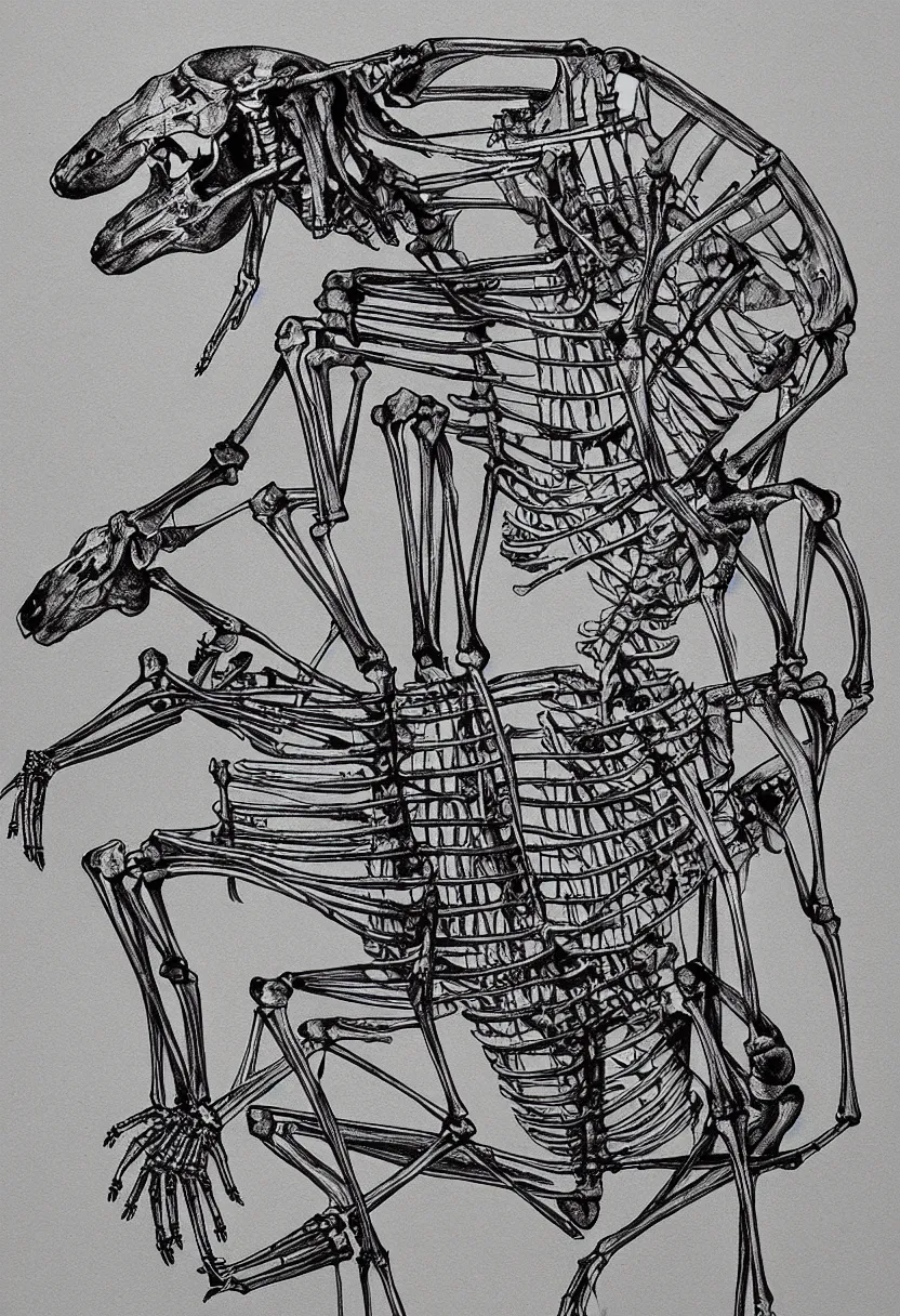 Image similar to a very cool concert t-shirt design of a kangaroo skeleton, highly detailed, line drawing