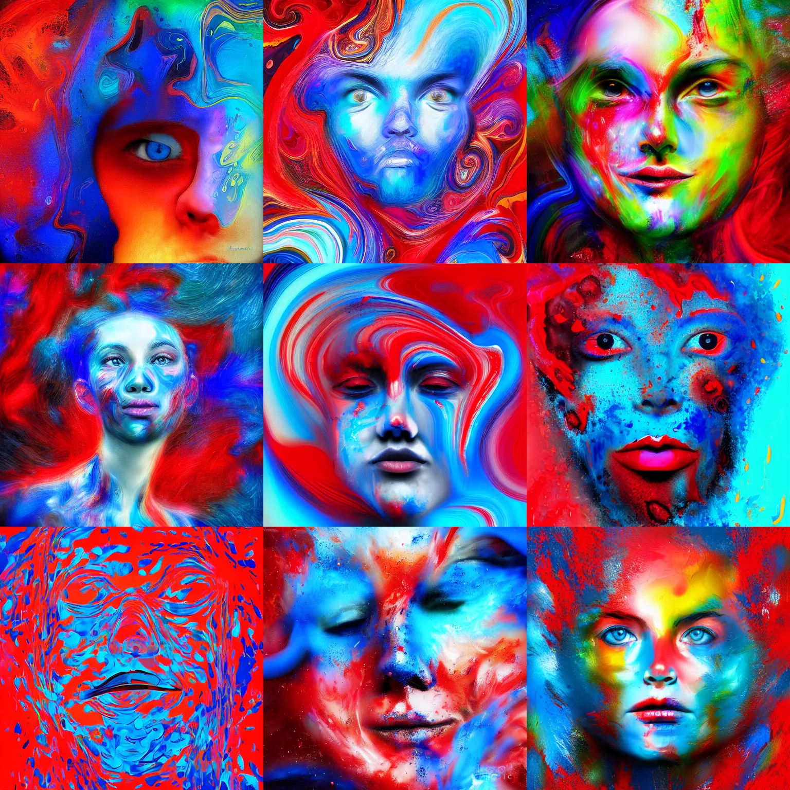 Prompt: dreaming face, made of swirling liquids, paints mixing, blue and red, digital art, portrait