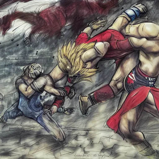 Prompt: one hero wrestling with one lion in the middle of an arena, crowd of people, pencil art, added detail, high definiton, colored, aerial viewyoji shinkawa