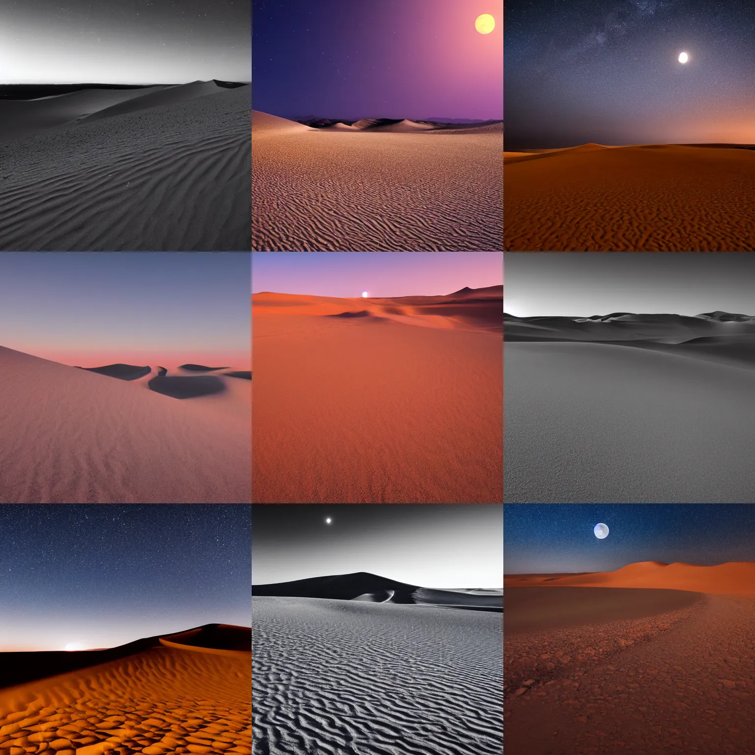 Prompt: photograph of the desert at night, lit by moonlight with ominous figures in the distance, dunes in foreground with elongated shadows, night photography, dslr, 4 k