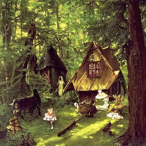 Image similar to witch cottage rococo in the forest, art by norman rockwell