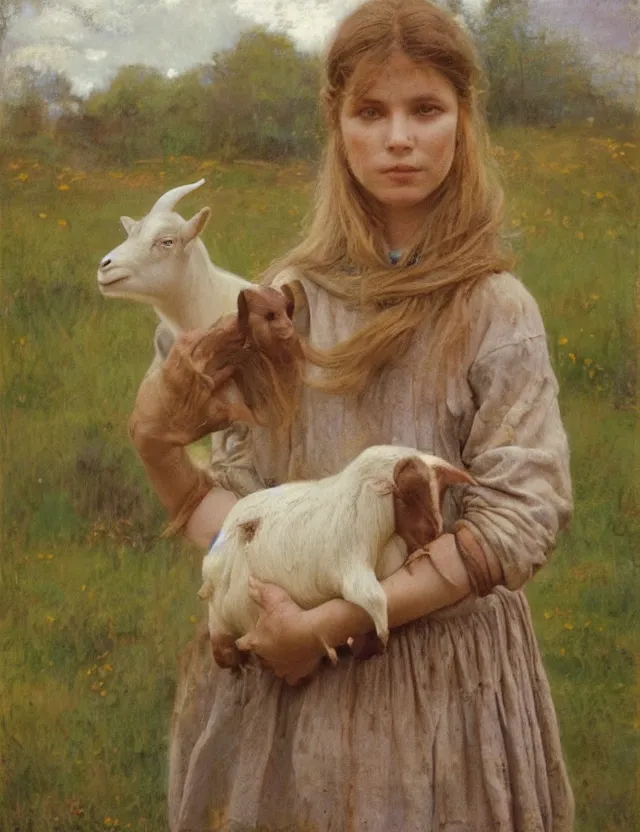 Image similar to portrait of peasant girl holding goat in her hands, cottage core, cinematic focus, polaroid photo bleached vintage pastel colors high - key lighting, soft lights, foggy, by steve hanks, by lisa yuskavage, by serov valentin, by tarkovsky, 8 k render, detailed, oil on canvas