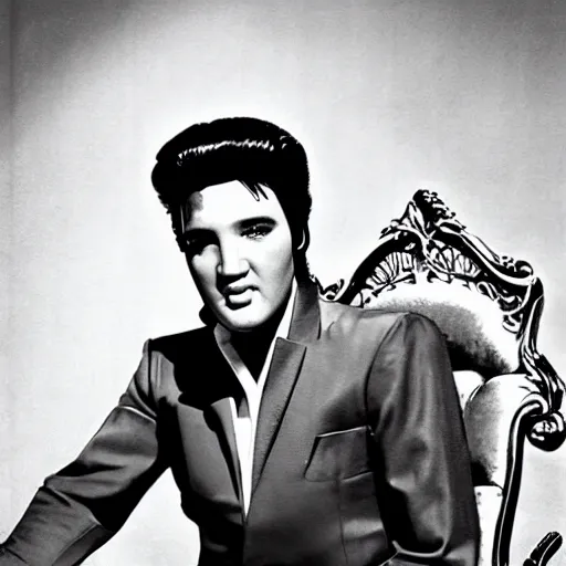 Image similar to elvis as king of the world, sitting on his throne in his castle