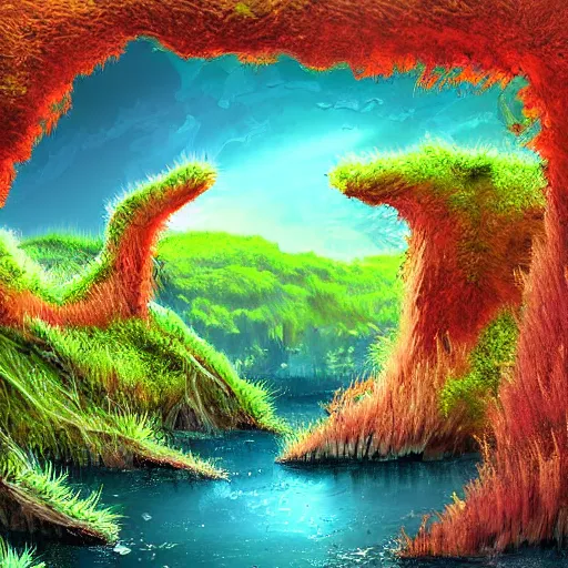 Prompt: digital painting of a lush natural scene on an alien planet by vincent. beautiful landscape. weird vegetation. cliffs and water. featured on deviantart.