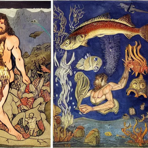 Image similar to The collage shows a mythological scene. A large, bearded man is shown seated on a throne, surrounded by sea creatures. He has a trident in one hand and a shield in the other. Behind him is a large fish, and in front of him are two smaller creatures. lofi, cave painting by Beatrix Potter, by Henry Justice Ford geometric