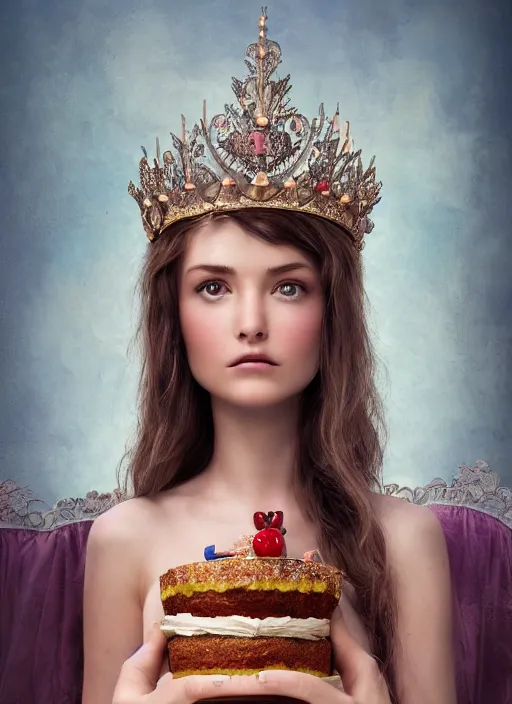 Image similar to closeup face profile portrait of a fairytale princess wearing a crown eating cakes in the castle, bikini, depth of field, zeiss lens, detailed, symmetrical, centered, fashion photoshoot, by nicoletta ceccoli, mark ryden, lostfish, breathtaking, 8 k resolution, extremely detailed, beautiful, establishing shot, artistic, hyperrealistic, octane render