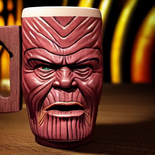 Image similar to a closeup photorealistic photograph of a glossy thanos style tiki mug sitting at a trader vic's bar featuring the face of thanos. tiki party. bright scene. fine detail. this 4 k hd image is trending on artstation, featured on behance, well - rendered, extra crisp, features intricate detail, epic composition and the style of unreal engine.