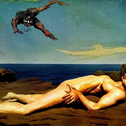 Image similar to a man laying on a Martian beach, frank frazetta