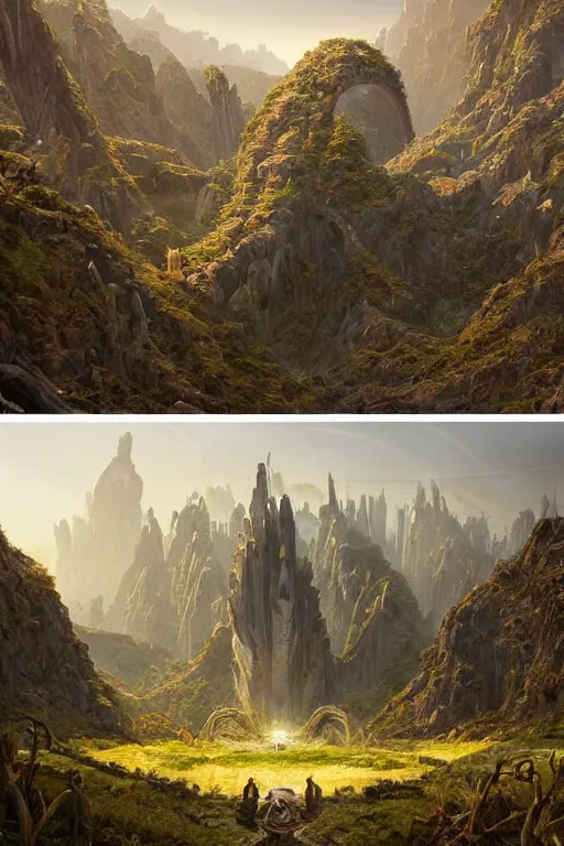 Image similar to amazing concept painting, by Jessica Rossier and HR giger and Beksinski, A gleaming white opera hall fortress overlooks a fertile valley, brutalist deak ferrand Jean-pierre Ugarte bases lead to an art nouveau Rivendell, terraces, hallucination, garden of eden