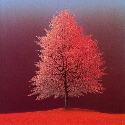 Image similar to white tree with red leaves made by zdzisław beksinski