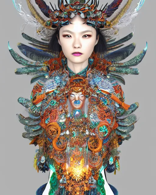 Prompt: 3 d warrior goddess medium shot portrait. beautiful hyperrealistic intricate highly detailed magpie helm and richly embroidered blouse, quetzalcoatl, korean hanbok, bioluminescent, curious, kintsugi, plasma, lava, ice, feather, artwork by tooth wu and chiara bautista, octane 3 d render