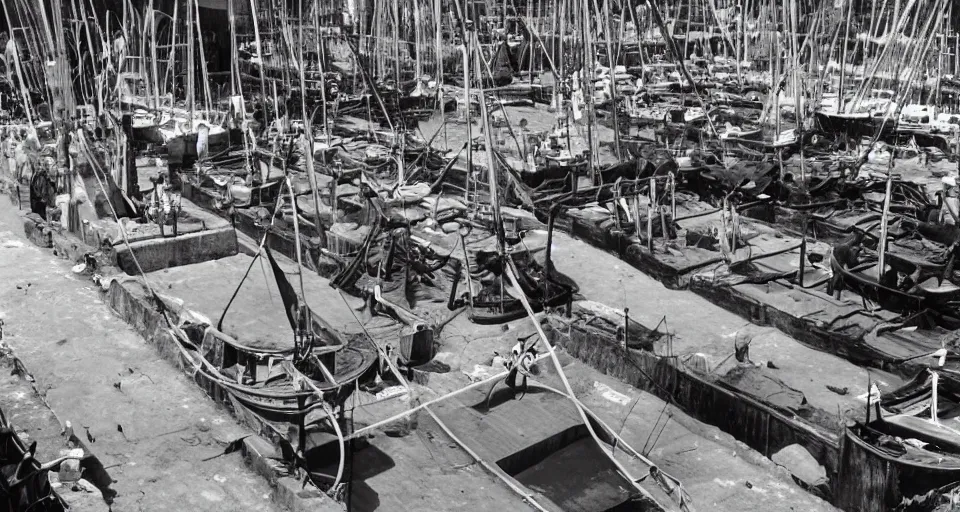 Prompt: a 1 9 th century boat yard reelected in the harbour, sails, partially built sailing ships, rope and pulleys on the ground