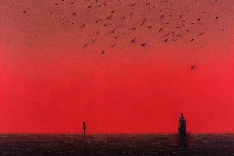 Image similar to only with red, a red dystopic knight, venice, flock of birds in the red sky, in the style of beksinski, parts by edward hopper, parts by rodcenko, parts by yue minjun, intricate and epic composition, red by caravaggio, insanely quality, highly detailed, masterpiece, red light, artstation, 4 k