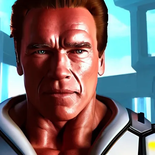 Image similar to a screenshot of arnold schwarzenegger as mercy in overwatch