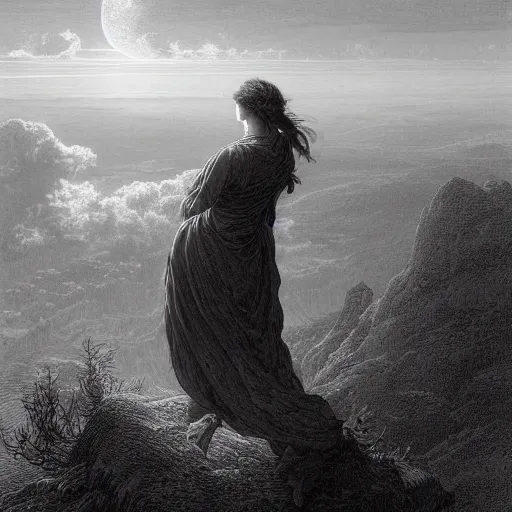 Image similar to A female wanderer looks from a mountaintop, mountains, gorgeous view, velly distant forest, distant city, distant glow, night, moon, dramatic light, Chiaroscuro, long shadows, dark, thunderclouds, masterpiece, high detail, detailed, illustration by Paul Gustave Doré