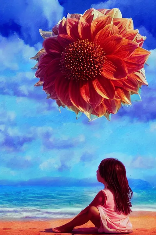 Image similar to closeup giant dahlia flower head, girl sitting on beach, surreal photography, blue sky, sunrise, dramatic light, impressionist painting, digital painting, artstation, simon stalenhag