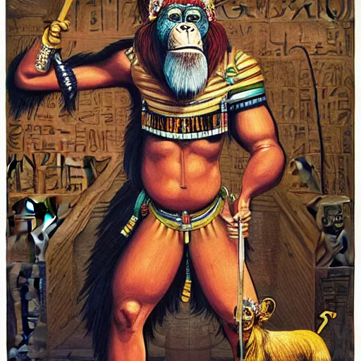 Image similar to A body art that features a chimpanzee surrounded by a castle turret. The chimp is shown wearing a crown and holding a scepter, and the castle is adorned with banners. ancient egyptian papyrus, Sumerian by Jesper Ejsing, by Warren Ellis, by John Harris ghostly