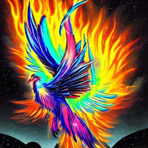Image similar to An image of an expressive wings open phoenix with iridescent feathers standing on a pile of grey ashes and glowing coal. The phoenix is surrounded by a bright light and waves of fire with a neon bright glowing circular rainbow. Black smoke wafts from the coal.