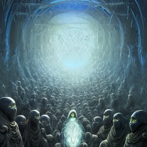 Image similar to a cylindrical quantum computer surrounded by a dark cabal of hooded elven mystics with long robes gathered in a circular formation, michael whelan art, dan seagrave art, cgsociety, artstation, epic scifi fantasy art