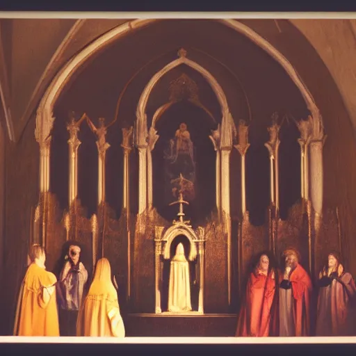 Prompt: Altarpiece with several people, mystical atmosphere, photo, kodak portra 400