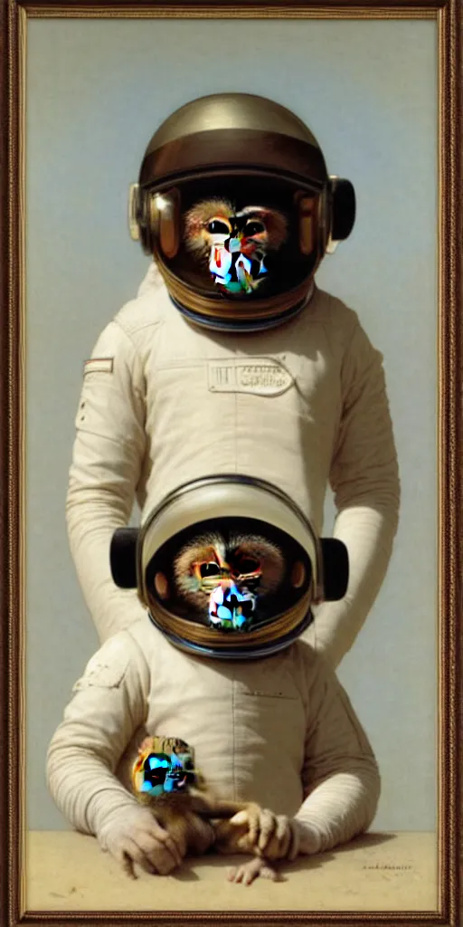 Image similar to portrait of monkey in astronaut helmet, by bouguereau