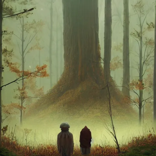 Prompt: an old broken hut mage of huge mushrooms, in an autumn forest, green and brown tones, by Aron Wiesenfeld and beksincki, in the style of of simon stalenhag and Bev dolittle, cinematic, detailed illustration, nature, fog, dark colors, suspense, intricate, 8k in the style