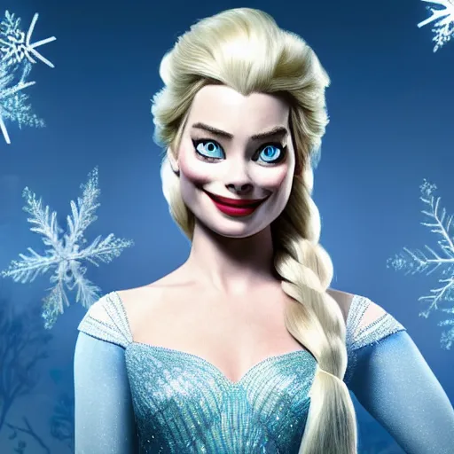 Image similar to Margot Robbie as Elsa in disney frozen live action, 8k full HD photo, cinematic lighting, anatomically correct, oscar award winning, action filled, correct eye placement,