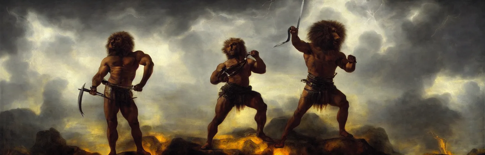 Prompt: muscular lion as powerlifter with sword in epic pose and strong backlight , very textured detailed oil painting panoramic backlight portrait by rembrandt, backlight, dramatic clouds, thunder storm and forest on fire ,sun rays