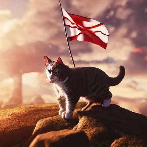 Image similar to a cat with a flag riding another cat into battle, in the background there is epic enormous terrain with shockingly gorgeous skies, dramatic lighting, octane render, unreal 5