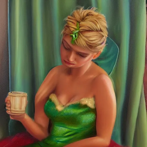 Image similar to Tinkerbell drinking coffee in short green dress with tattered hem, bare feet, hungover, detailed oil painting by Jasmine Beckett-Griffith