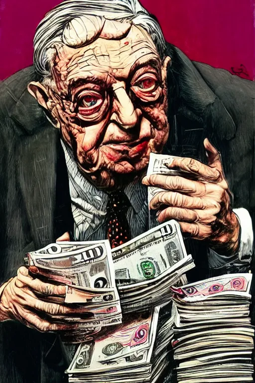 Image similar to George Soros full body shot, dollar bills Body horror, biopunk, by Ralph Steadman, Francis Bacon, Hunter S Thompson