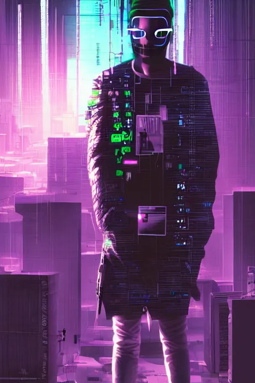 Image similar to santiago michel as a cyberpunk hacker