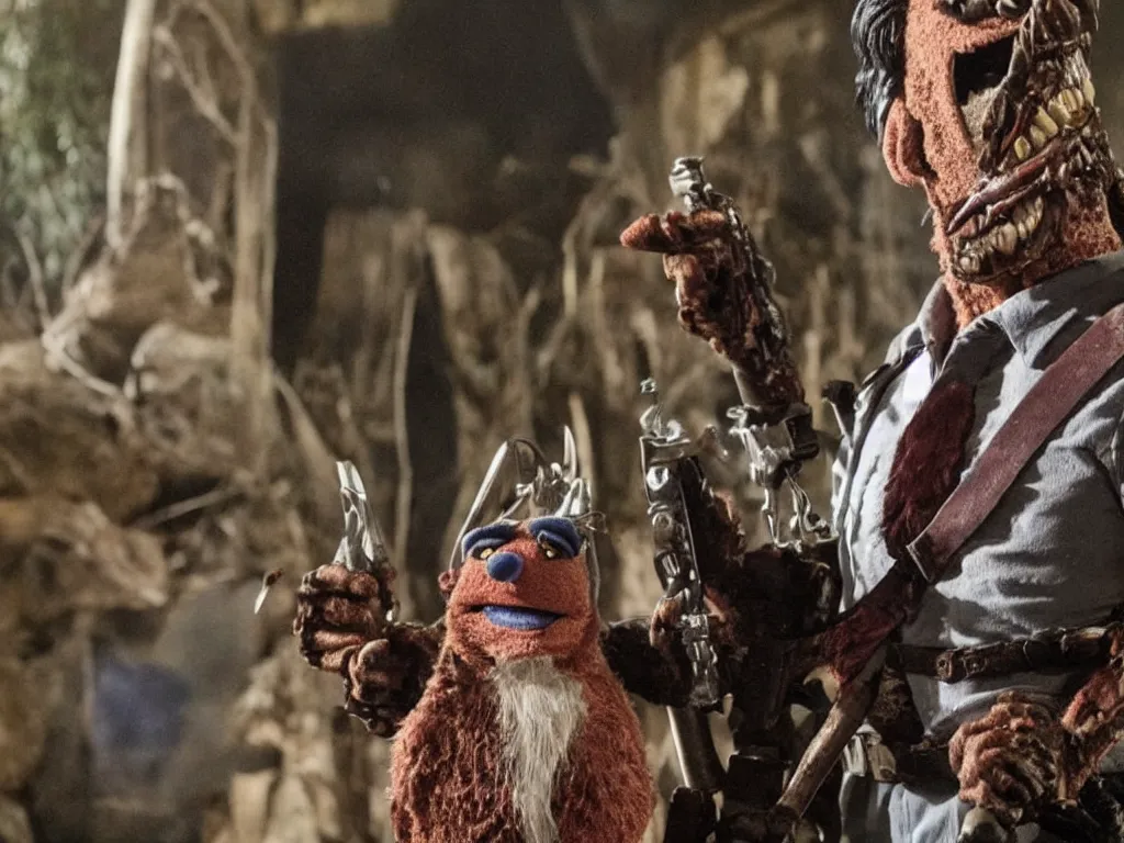 Image similar to Bruce Campbell as Ash in Muppets Evil Dead