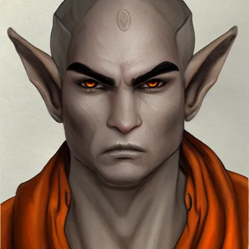 Image similar to Character portrait, face close up: Elf Male Monk/Ranger. Shadow and Gloom. In the style of Ralph Horsley