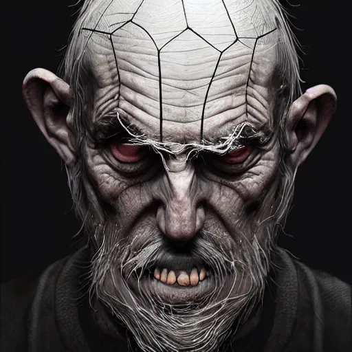 Prompt: an old man with thick thick thick cobwebs cobwebs cobwebs covering his entire face, cobwebs, spooky, atmosphere, detailed, realistic, unreal engine, cgsociety, by wlop and artgerm