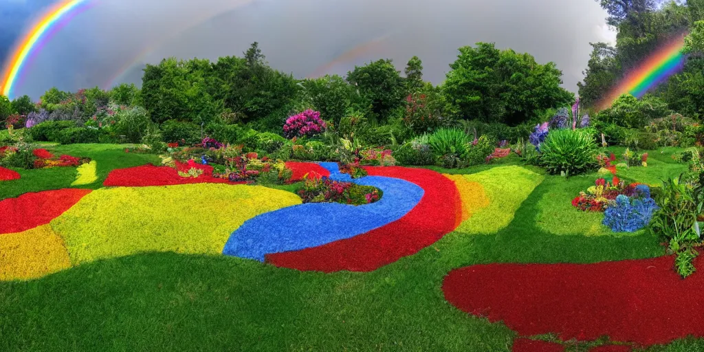 Prompt: equirectangular view of a rainbow garden