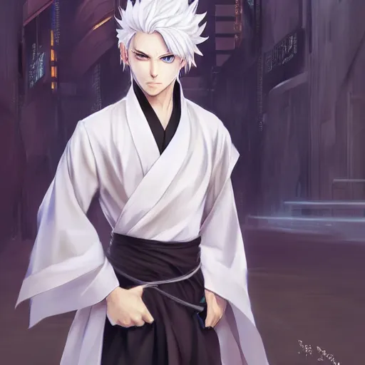 Prompt: white haired parted down the middle, wearing white hakama anime man with black colored eyes, full body portrait made by Stanley Artgerm, WLOP, Rossdraws, James Jean Andrei Riabovitchev, Marc Simonetti, Yoshitaka Amano, Artstation