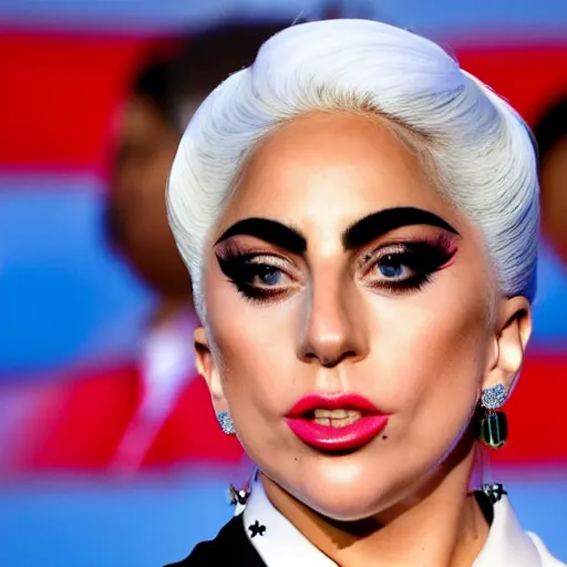 Image similar to Lady Gaga with detailed face as president, Argentina presidential rally, Argentine flags behind, bokeh, giving a speech, Argentina